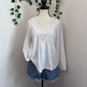 Zara White Crochet Detail Long Sleeve Blouse Linen Blend Size xs
